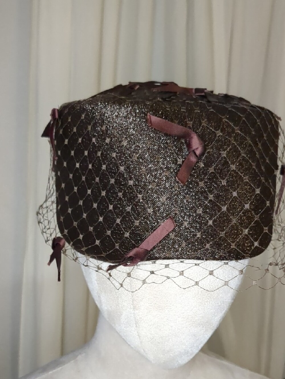 Vintage 50s Joseph Magnin Pillbox Hat Brown Netted W/ Bows Elegant Mid Century